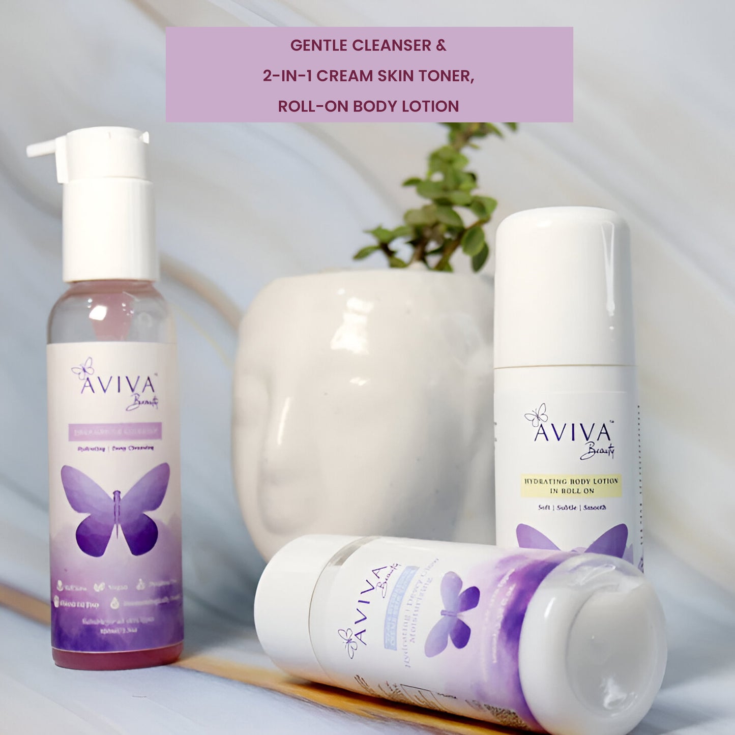 Aviva Beauty's Daily Gentle Cleanser | Hydrating Body Lotion in Roll On | Crème Skin Toner