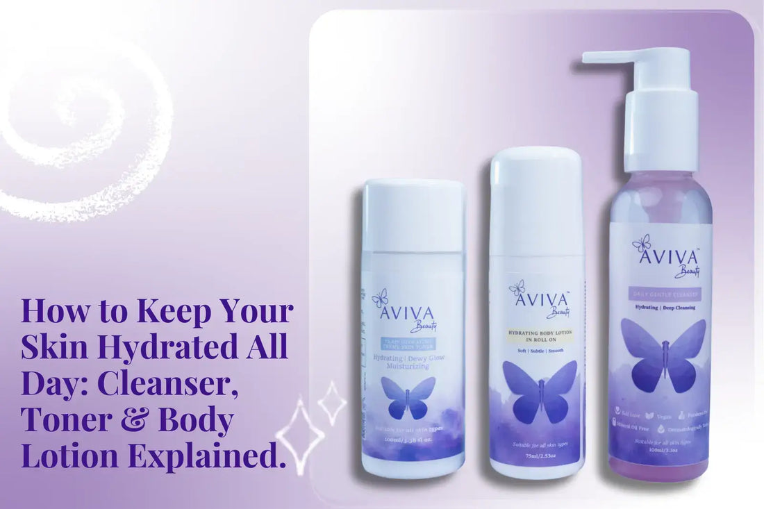 Skin feeling tight, dull, or dehydrated in India's climate? Learn how to keep your skin hydrated all day using the right cleanser, toner, and body lotion in 3 simple steps.