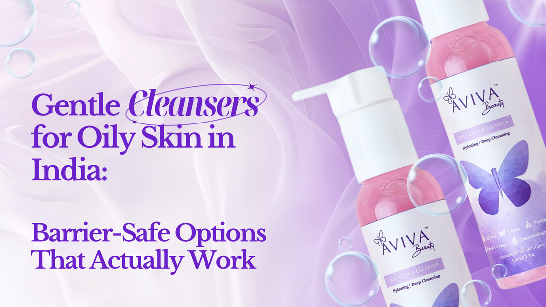 Aviva Beauty Daily Gentle Cleanser bottle on soft lavender background with bubbles, showing hydrating deep cleansing formula for oily skin