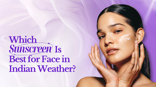 Which sunscreen is best for face in Indian weather, woman with glowing skin and sunscreen on cheek, purple background