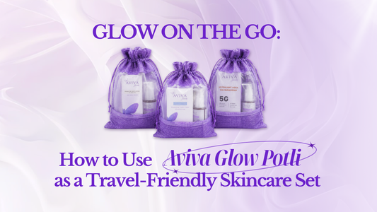 Aviva Glow Potli skincare set; three variants of reusable purple fabric potli travel kits with cleanser, toner, and sunscreen