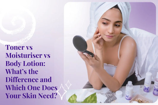 Indian woman checking her skin in a mirror with Aviva Beauty toner and skincare products — toner vs moisturiser vs body lotion guide.