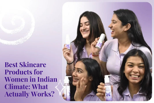 Indian women holding Aviva Beauty cleanser, toner and body lotion — best skincare products for Indian climate.