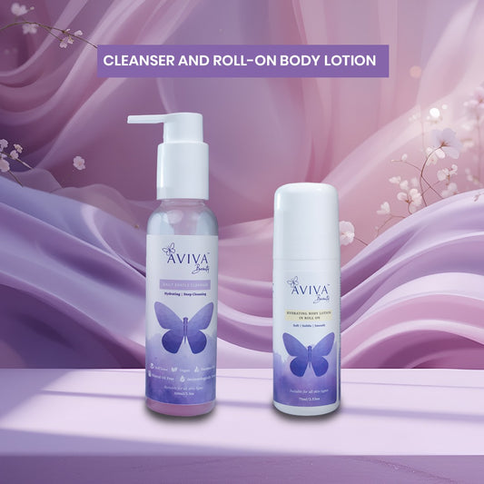 Aviva Beauty's Daily Gentle Cleanser | Hydrating Body Lotion in Roll On