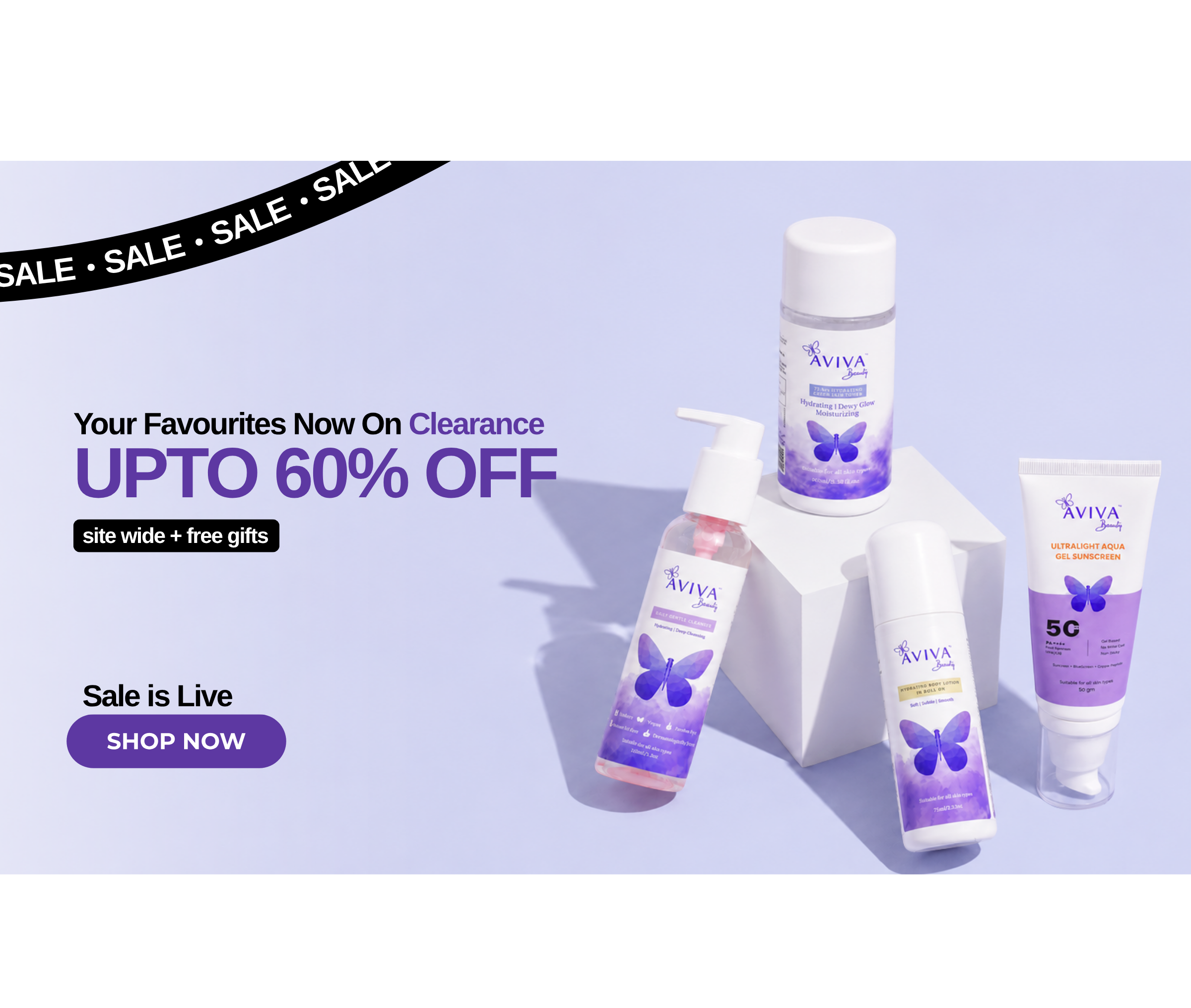 Aviva skincare products with clearance sale text on a light purple background