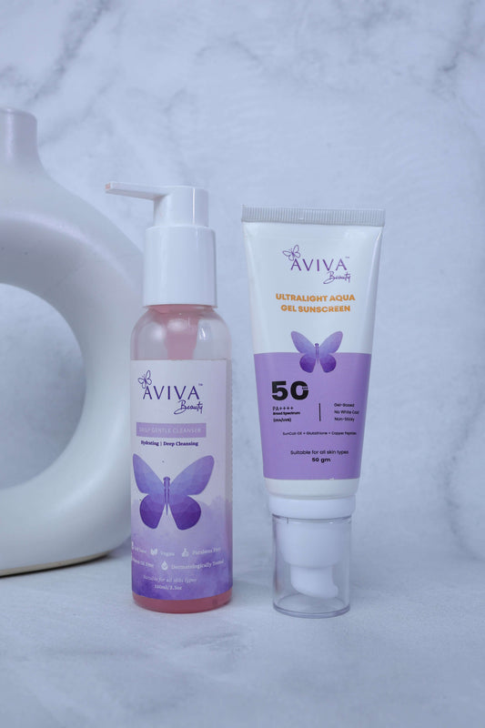 Aviva Beauty's AM Sorted Edit | Face Care Combo: Daily Gentle Cleanser and Ultralight Aqua Gel Sunscreen