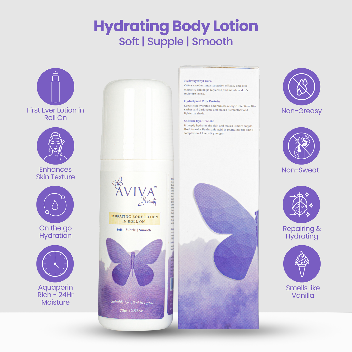 Aviva Beauty’s Aquaporin Rich 24-Hr Hydrating Body Lotion in Roll On - | Skin Repairing Formulation | Non-Sticky | Non-Sweaty | Lightweight | Moisturizing | Paraben-free | Mineral Oil-free